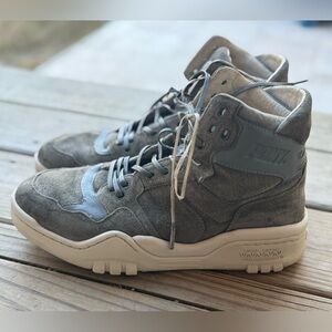 Pony Men's Size 9 Gray High Top Leather Lace Up Basketball Sneakers Shoes M-110